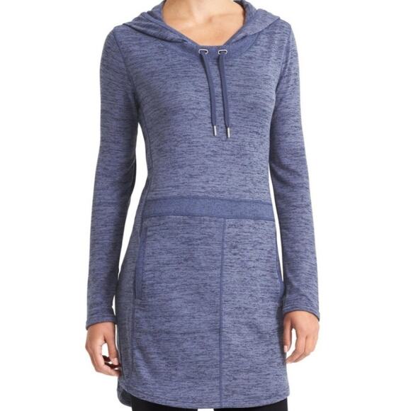 Athleta Techie Sweat Popover Dress Navy Heather hooded pockets 152573 - Picture 2 of 8